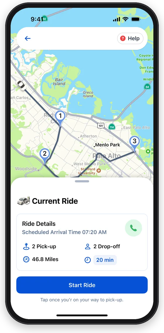 Driver app showing the current ride
